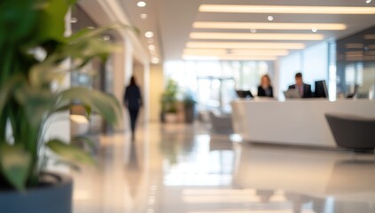 Fototapeta premium Blurred Office Lobby Interior: Modern Workplace Reception Area
