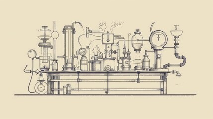 Obraz premium A highly detailed illustration of an old-fashioned laboratory filled with scientific instruments and steam-powered devices, evoking a steampunk aesthetic. AI generated.