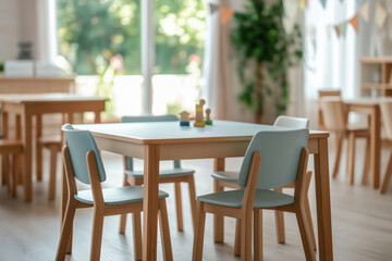 Fototapeta premium Bright and inviting classroom setup with wooden tables and colorful toys
