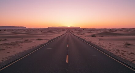 Fototapeta premium Desert Road Leading to Sunset Creates Travel and Adventure Theme