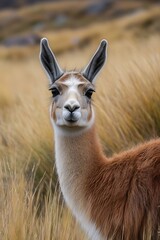 Obraz premium Stunning Close Up of a Beautiful Llama Surrounded by Golden Grass in a Natural Landscape : Generative AI