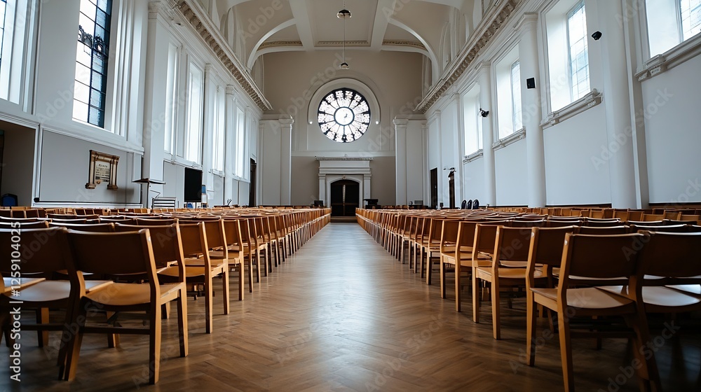 Poster elegant interior of a hall with rows of chairs and large windows : generative ai