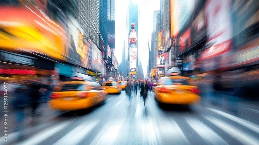 Poster dynamic city scene of yellow cabs and crowds captured in exciting motion blur at times square : gene