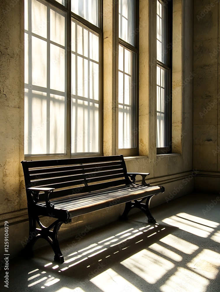 Poster Wooden Bench Bathed in Soft Natural Light with Striking Shadow Patterns on the Floor : Generative AI