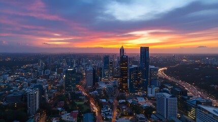 Obraz premium Stunning Aerial View of a City Skyline During a Vibrant Sunset with Colorful Clouds and Bright Lights : Generative AI