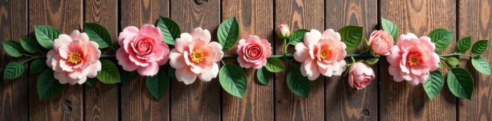 Fototapeta premium Delicate artificial flower garland on a wooden wall in a classic vintage setting, floral wreath, vintage floral