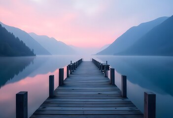 Obraz premium Wooden Pier Leading to Lake with Misty Mountains and Pastel Sky