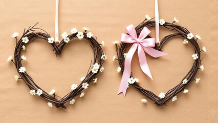 Romantic Heart Wreaths with Flowers and Pink Bow Valentine s Day Decor