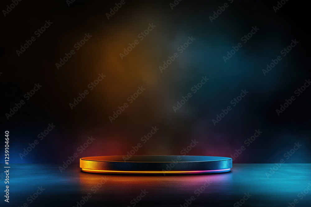Poster circular display platform with vibrant lighting effects in a dark setting