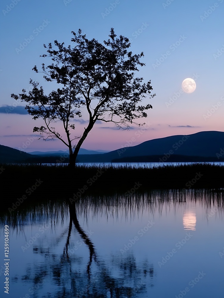 Poster tranquil view of a solitary tree reflecting on calm water under a full moon in a serene landscape : 