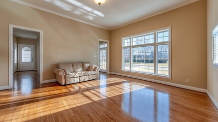 Fototapeta premium Bright and airy empty living room interior with large windows and natural light casting shadows on the wooden floor : Generative AI