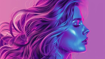 A stunning digital artwork of a woman with glowing neon skin and intricately detailed flowing hair. The vibrant blue and pink hues create a captivating cyberpunk atmosphere. AI generated.
