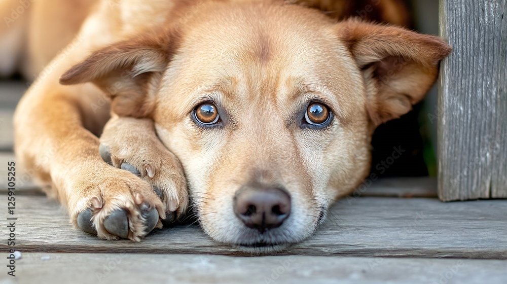 Aufkleber close up of a sad dog resting its head on wood flooring with expressive eyes : generative ai
