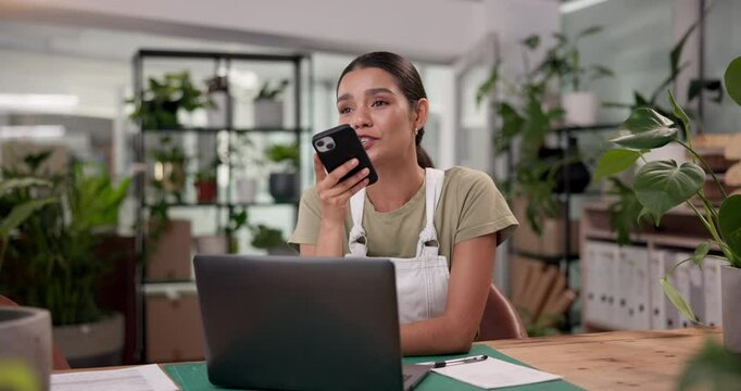 Woman, florist and laptop with speaker phone for communication, conversation or audio message at office. Female person, employee or environmentalist speaking on mobile smartphone for voice note app