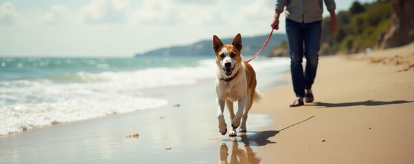 Dog walking on beach with owner leash, walking, leash, outdoors