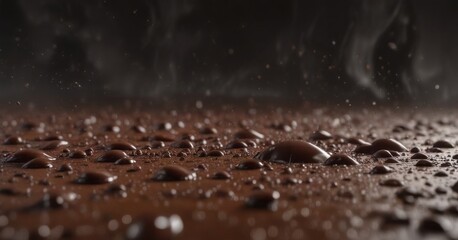 Droplets of rich dark chocolate falling horizontally in a seamless motion, horizontal fall, dessert, sweet