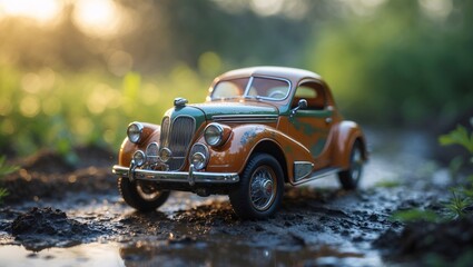Vintage car model showcases stunning craftsmanship in a sunlit garden during the golden hour, surrounded by lush greenery and earthy textures giving a nostalgic feel