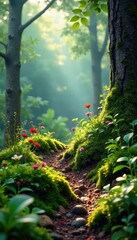 Fototapeta premium Earthy forest landscape with moss, ferns, and wildflowers, forest, earthy