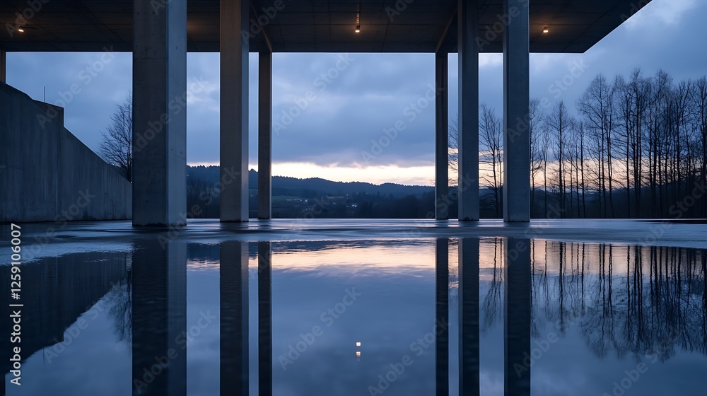 Poster contemporary architecture with reflection at sunset in urban landscape : generative ai