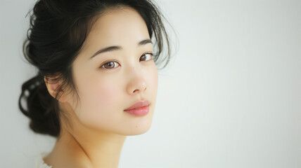 Asian young woman with a dark hair and a light skin. This image was AI-generated and has no portrait rights issues.