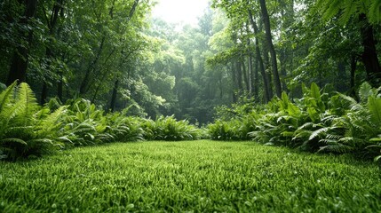 Lush green forest path, sunlight filtering through canopy, ferns, tranquility, nature backdrop