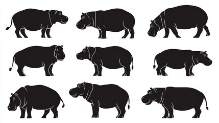 Fototapeta premium Hippopotamus hippo Side View silhouettes Flat Black Icon Set, African Zoo Animal Vector Clip Art.