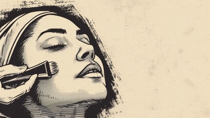 A hand-drawn vintage-style illustration of a woman getting makeup applied, featuring soft sepia tones and a classic beauty aesthetic reminiscent of old advertisements. AI generated.