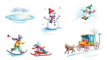 Naklejka premium Winter Fun Snowmen Kids Sledding Ice Skating Horse Drawn Carriage