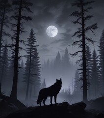 Desolate forest at dusk with a lone wolf's silhouette against the moonlit sky, moon, wilderness, darkness