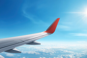 Fototapeta premium Views from above showcasing an airplane wing above fluffy clouds under a bright sky