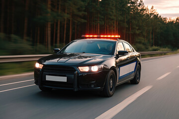 Police car responds to call along highway during twilight hours in a forested area