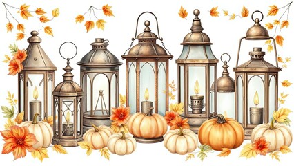 Obraz premium Autumn Harvest Illuminated Lanterns Pumpkins Fall Leaves