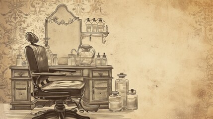 A hand-drawn illustration of a vintage barbershop interior, showcasing an antique barber chair, grooming bottles, and a classic wooden vanity, perfect for nostalgic decor. AI generated.