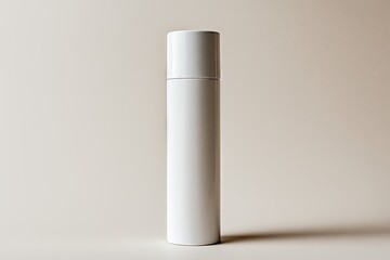 Minimalistic white cosmetic bottle standing upright against a beige background, highlighting clean design and modern skincare packaging.

