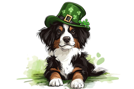 Playful Bernese Mountain Dog wearing a green leprechaun hat, surrounded by festive greenery