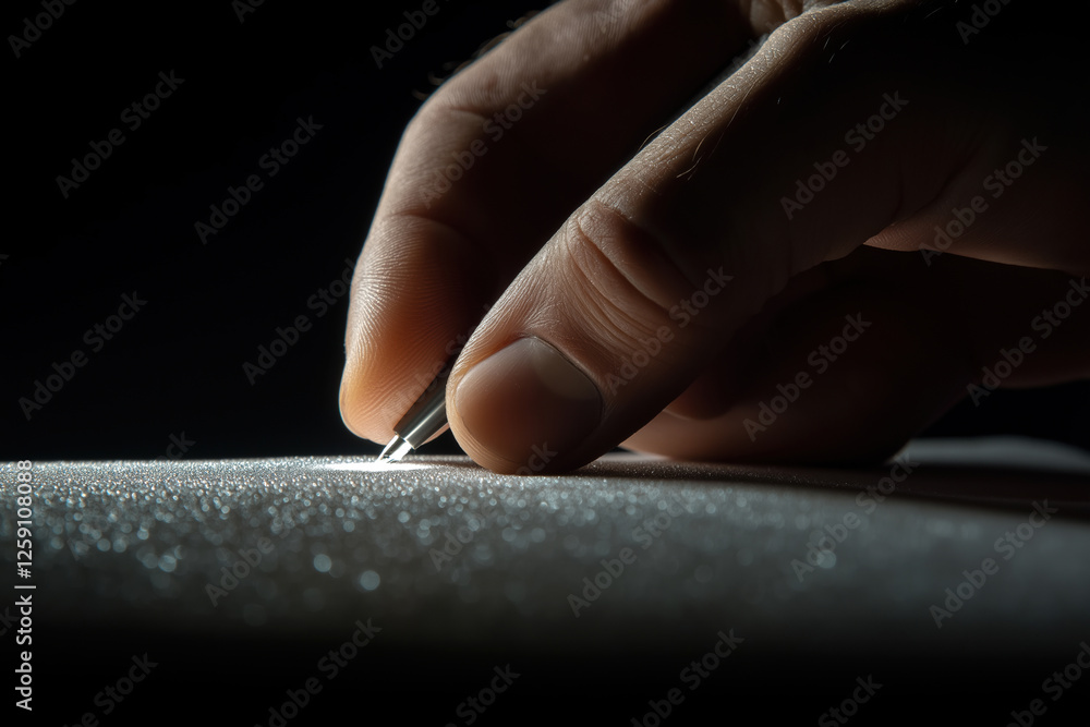 Aufkleber hand delicately carving a surface with precision at night using a sharp tool
