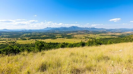 Fototapeta premium Panoramic View Of Golden Grassland With Hills And Mountains