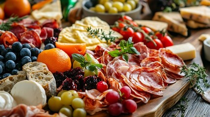 Delicious charcuterie board artfully arranged with meats vegetables fruits cheeses for culinary and food lovers : Generative AI