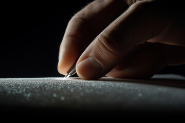 Hand delicately carving a surface with precision at night using a sharp tool