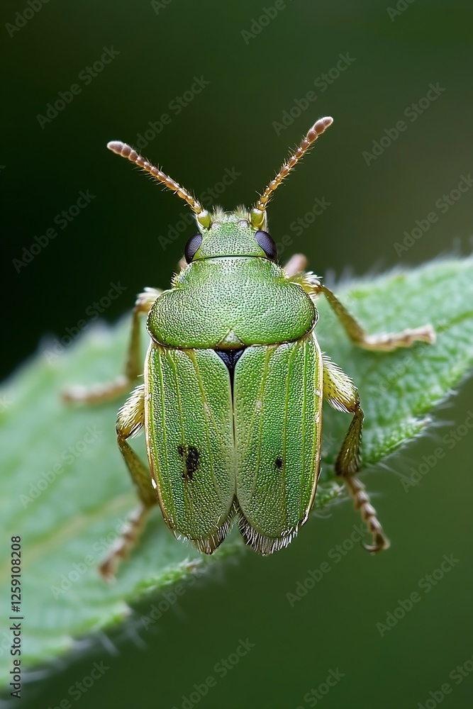 Poster detailed close up of a green insect perched on a leaf highlighting its unique features and colors : 