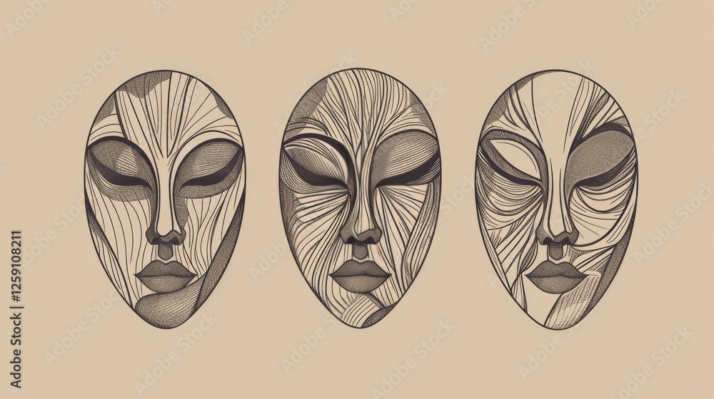 Poster a collection of three abstract tribal masks featuring intricate line art patterns on a neutral backg