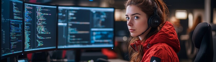 Fototapeta premium Focused Office Worker Engaged in Code Development with Multiple Monitors and Headset