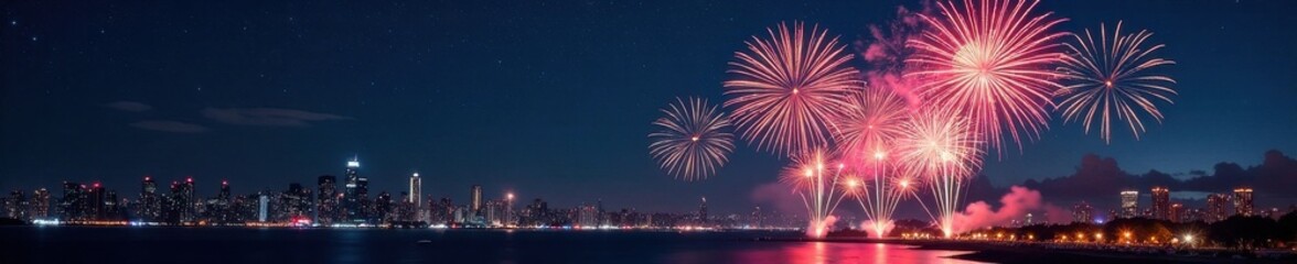 Fireworks exploding in the night sky over a cityscape with New Year countdown, new year, cityscape, firework