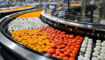 Obraz premium A close-up view of a conveyor belt in a pharmaceutical factory, showcasing vibrant colored pills arranged neatly, representing modern manufacturing processes and efficiency.