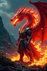 Dragon flames engulfing knight, dragon, fire, flames