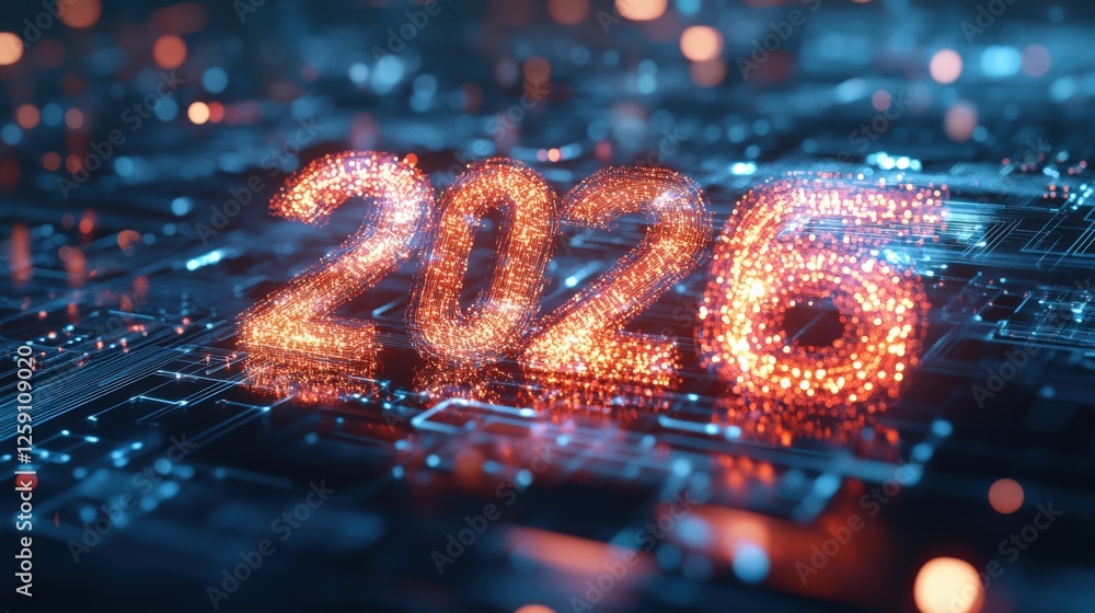 Poster futuristic representation of the year 2026 with bright, glowing digits on a circuit board background