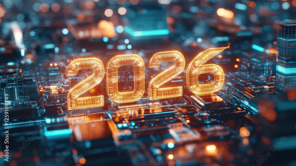 Aufkleber futuristic digital representation of the year 2026 created with neon lights and advanced technology 