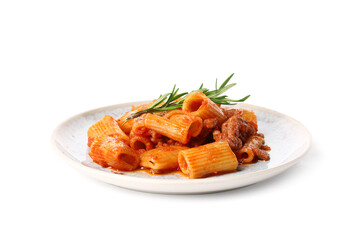 Plate with tasty baked pasta and rosemary on white background