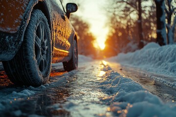  Winter road safety: car driving cautiously on icy snow-covered street at sunrise.