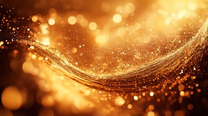 Golden wave with bokeh lights, abstract background.